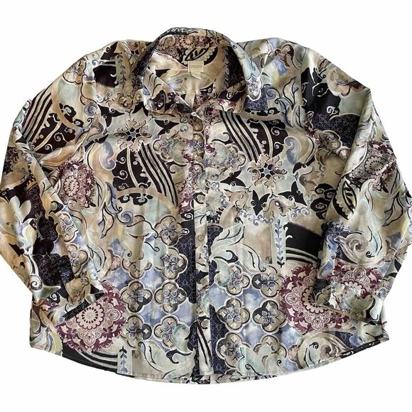 Chico's Sz 4- XL Blouse Floral Art To Wear Button Up Career Closet Staple MINT - Picture 15 of 16